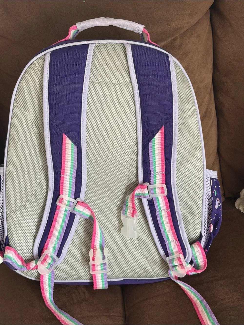 Pottery Barn Kids Navy Purple Space Print Backpack with Rainbow Straps